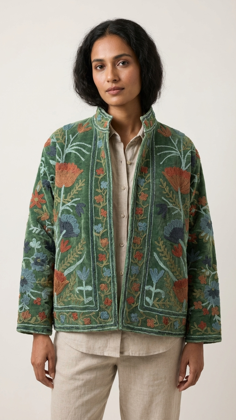 The Gulbadan Forest — Hand Suzani Embroidered Velvet Jacket – Zoshak