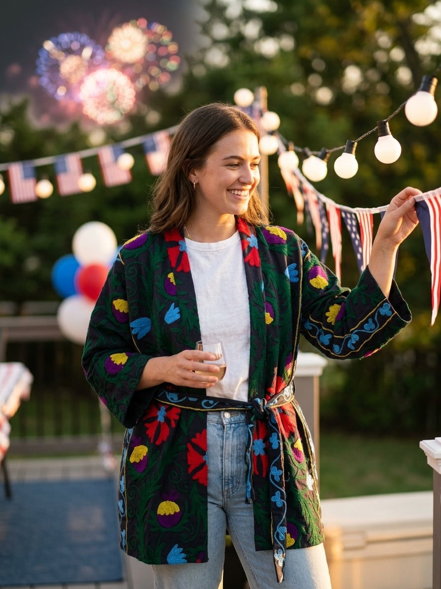 The Samarkand Bloom — Suzani Embroidered Cotton Kimono — Charcoal Grey with Crimson Florals