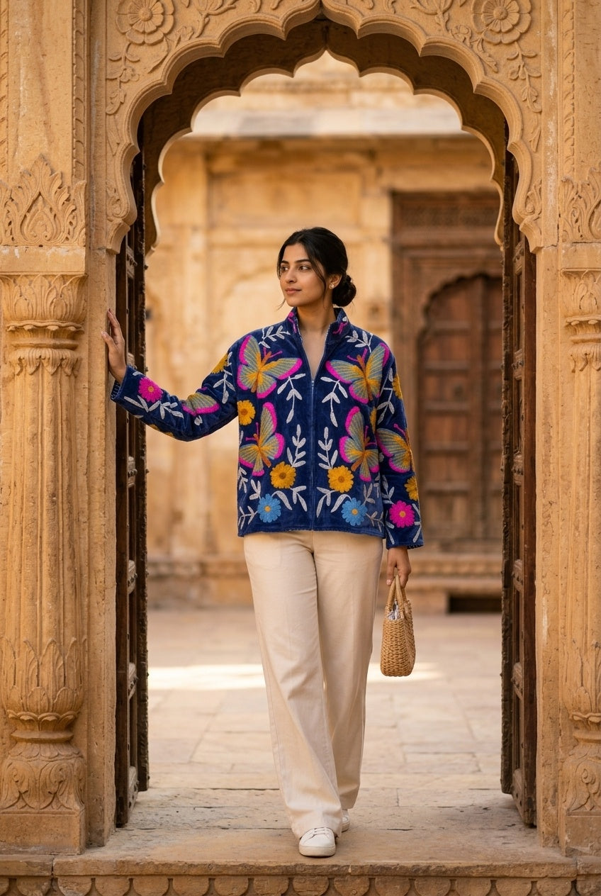 The Parwana Raat — Suzani Hand-Embroidered Velvet Jacket — Midnight Navy with Marigold & Fuchsia Butterflies