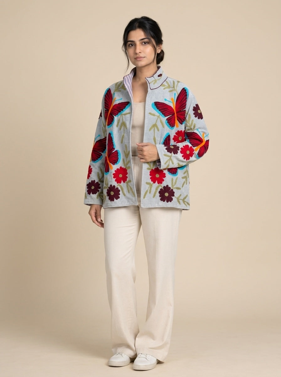 The Titli Chandni — Suzani Hand-Embroidered Velvet Jacket — Ice Grey with Crimson Butterflies & Ruby Florals
