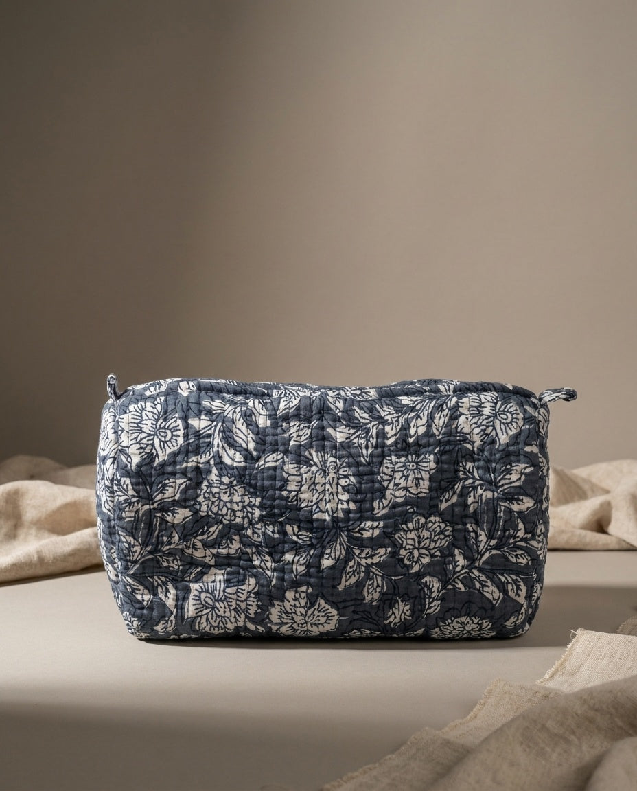 The Nilkanth Trio — Block-Printed Quilted Cotton Pouch Set — Indigo & Ivory Floral