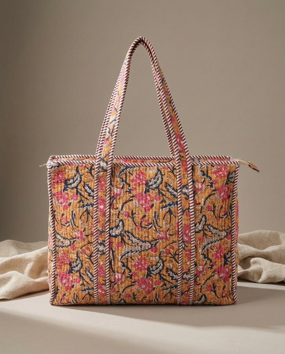 The Marigold Bagh — Hand Block-Printed Quilted Cotton Tote — Turmeric Yellow with Rose Pink & Indigo Florals