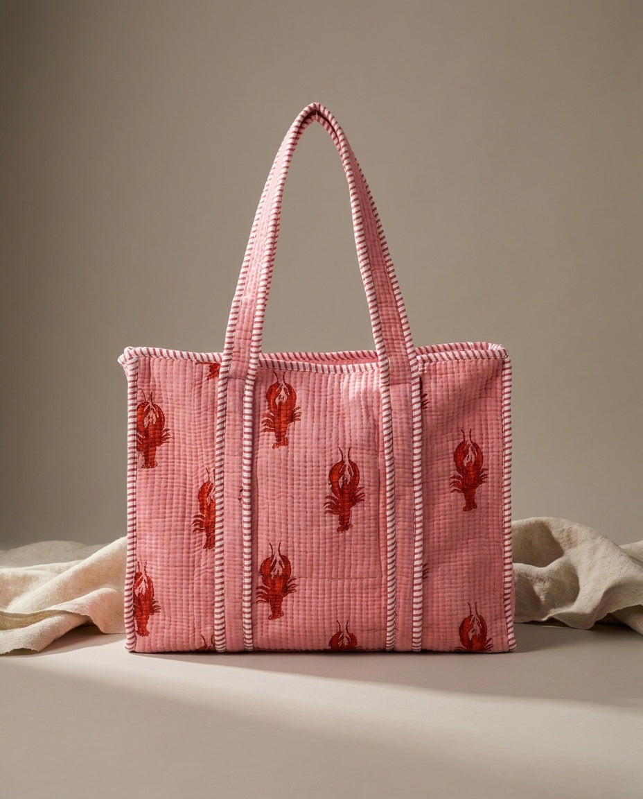 The Rani Crawford Tote — Hand Block-Printed Quilted Cotton Bag — Blush Pink with Crimson Lobster Motifs