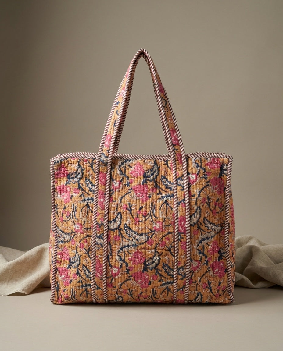 The Marwar Bloom — Kantha-Quilted Cotton Bag Set — Turmeric Yellow & Indigo Floral