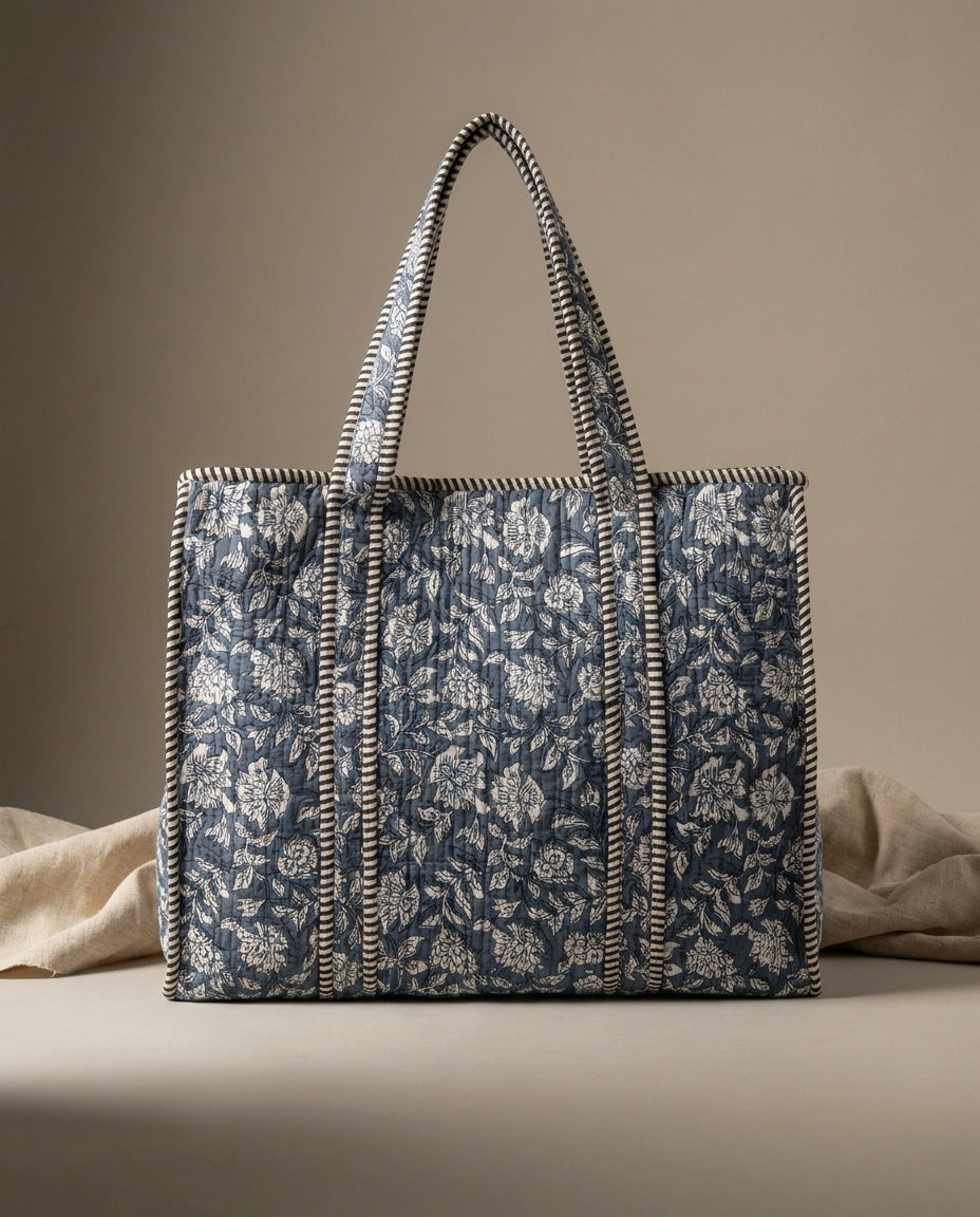 The Indigo Bagh — Hand Block-Printed Quilted Cotton Tote — Slate Blue Floral