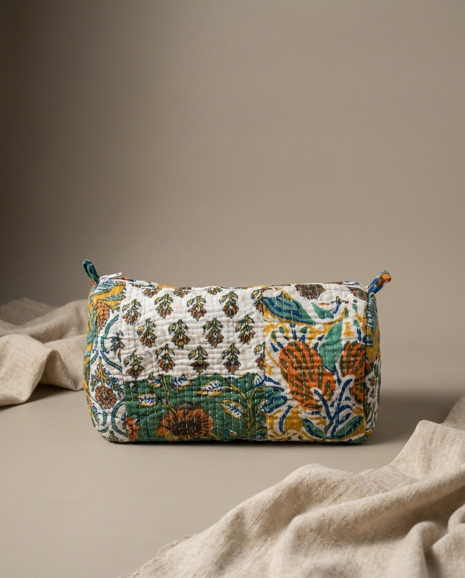 The Marigold Bagh — Kantha-Quilted Cotton Pouch Set — Ivory, Emerald & Marigold Floral