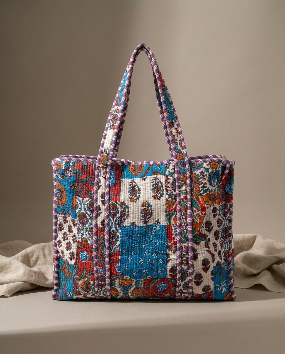The Sanganeri Bloom — Hand Block-Printed Quilted Cotton Bag Set — Indigo, Marigold & Ruby Patchwork