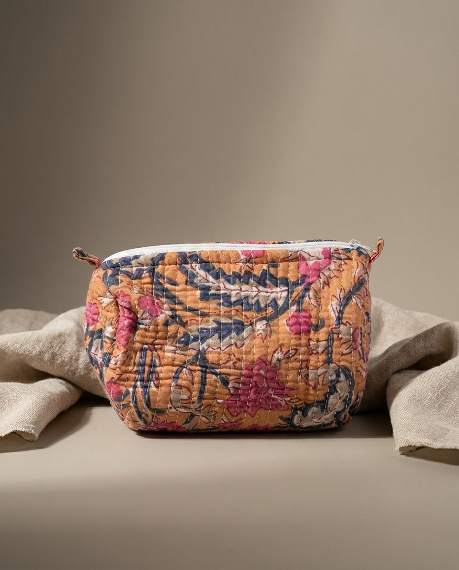 The Marigold Bagh — Hand Block-Printed Kantha Cotton Pouch — Saffron Yellow with Coral & Indigo Blooms