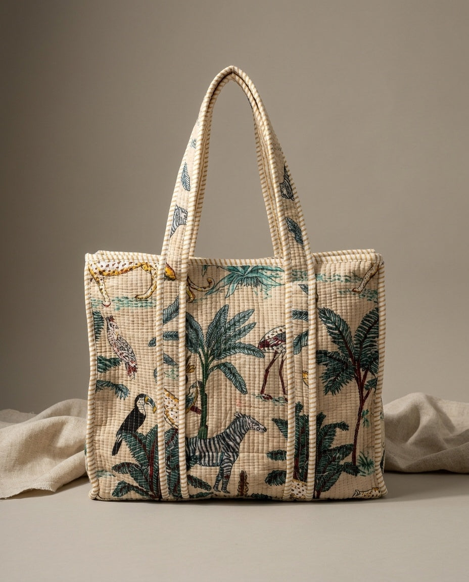 The Rajwada Wilderness — Hand-Quilted Cotton Tote — Ivory Safari Print