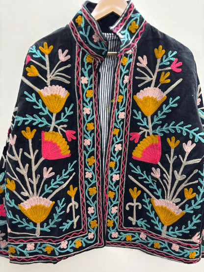 The Gulbagh — Sozni Chain-Stitch Velvet Jacket — Midnight Black