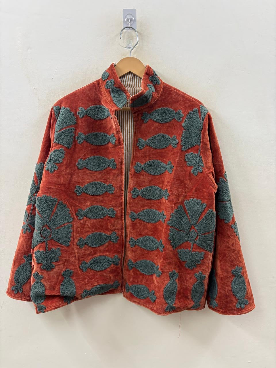 The Melon Garden — Suzani Hand-Embroidered Velvet Jacket | Terracotta & Forest Green