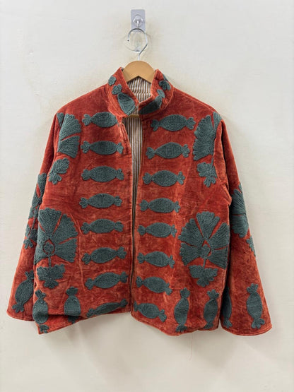 The Melon Garden — Suzani Hand-Embroidered Velvet Jacket | Terracotta & Forest Green