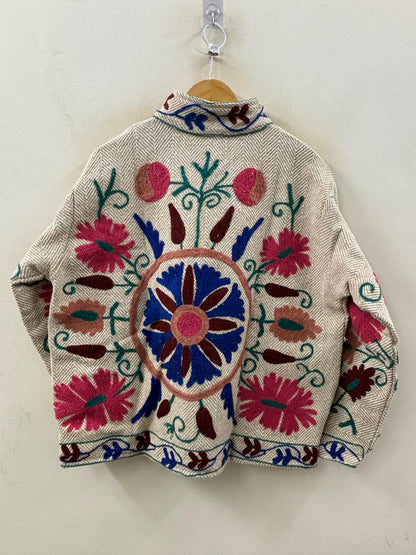 The Garden Mandala — Suzani-Embroidered Cotton Jacket — Ivory Herringbone - Default Title - Zoshak Jacket