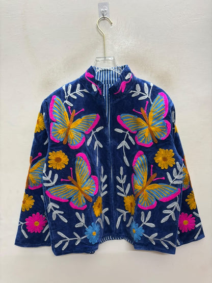 The Parwana Raat — Suzani Hand-Embroidered Velvet Jacket — Midnight Navy with Marigold & Fuchsia Butterflies