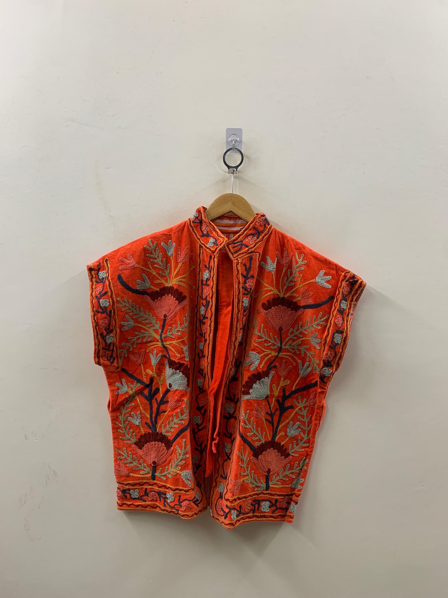 The Gulbagh — Suzani Hand-Embroidered Velvet Vest Jacket — Ember Orange