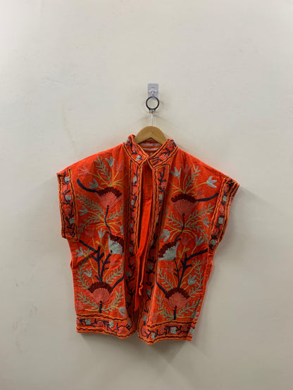 The Gulbagh — Suzani Hand-Embroidered Velvet Vest Jacket — Ember Orange