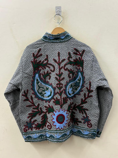 The Nomad's Garden — Suzani-Embroidered Cotton Jacket — Indigo Houndstooth & Crimson Vine - Default Title - Zoshak Jacket