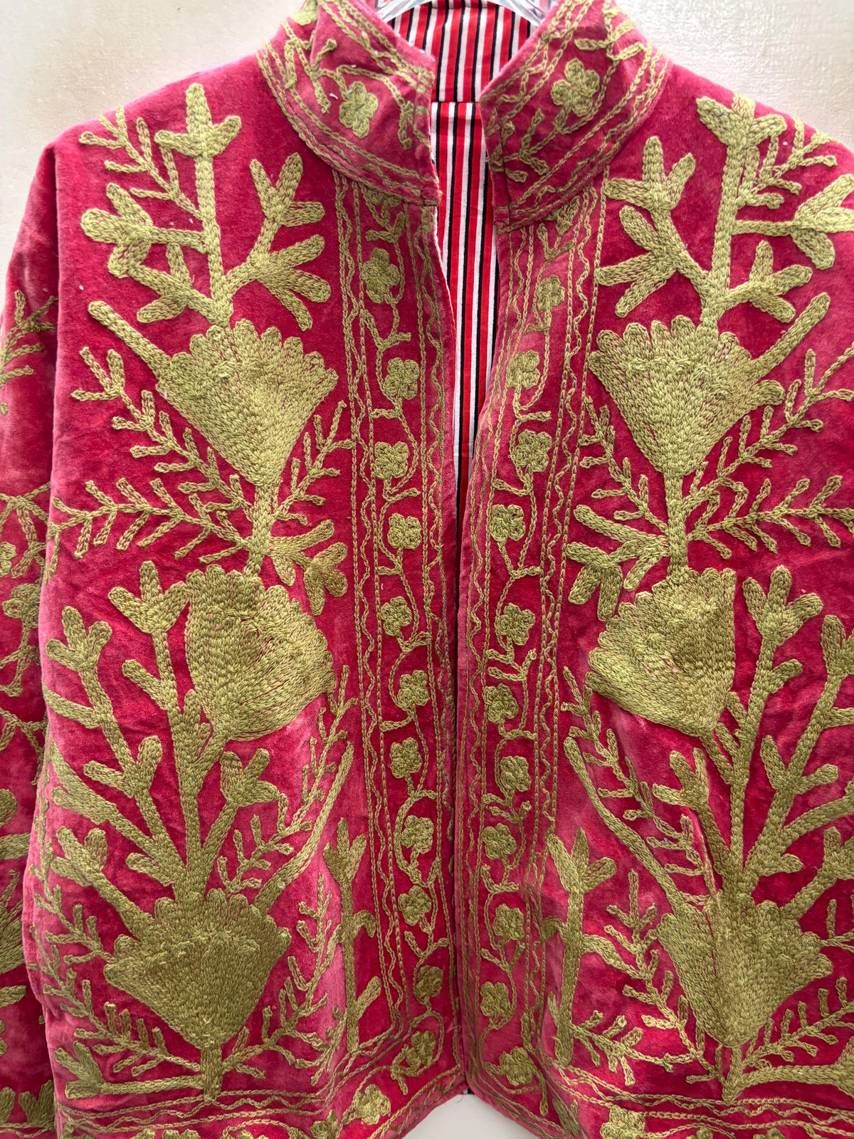The Anarkali Vine — Suzani Hand-Embroidered Velvet Jacket — Rani Pink with Olive Gold Pomegranates