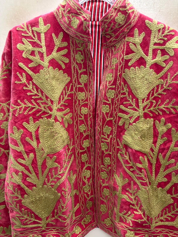The Anarkali Vine — Suzani Hand-Embroidered Velvet Jacket — Rani Pink with Olive Gold Pomegranates