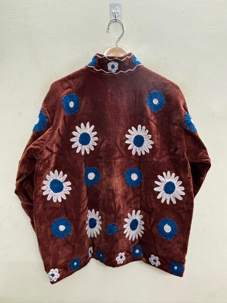 The Marwar Bloom — Suzani Embroidered Velvet Jacket — Rust Brown with Cobalt & Ivory Florals