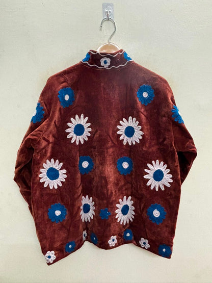 The Marwar Bloom — Suzani Embroidered Velvet Jacket — Rust Brown with Cobalt & Ivory Florals