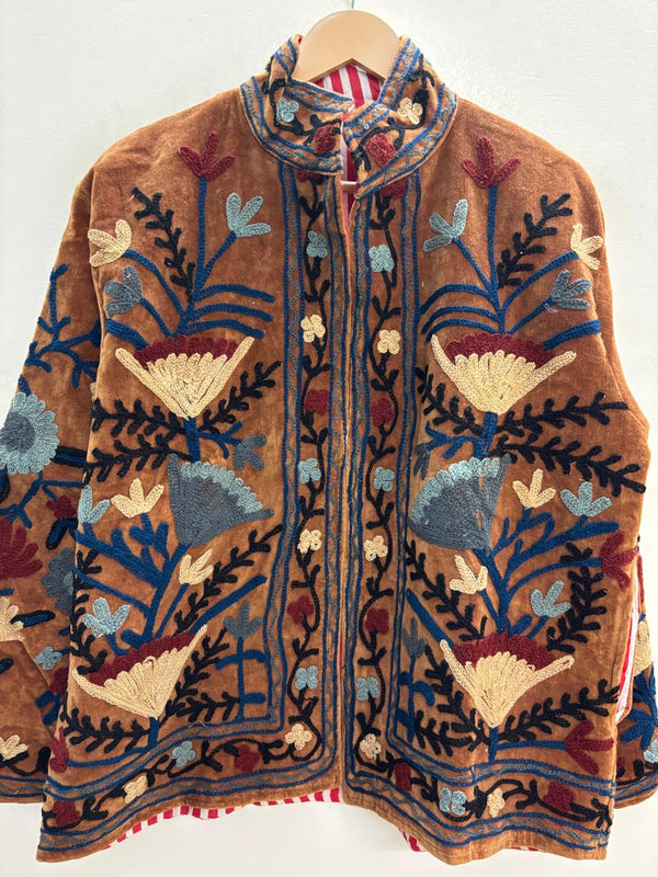 The Marwar Bloom — Suzani Embroidered Velvet Jacket — Rust Amber with Indigo & Ivory Florals