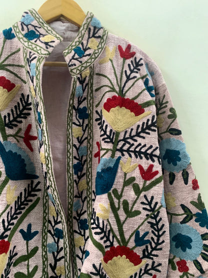 The Garden of Wandering Blooms — Crewel Embroidered Cotton Jacket — Blush Rose - Default Title - Zoshak Jacket