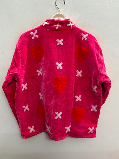 The Kissed Rose — Suzani Embroidered Velvet Jacket — Fuchsia Pink with Crimson Hearts