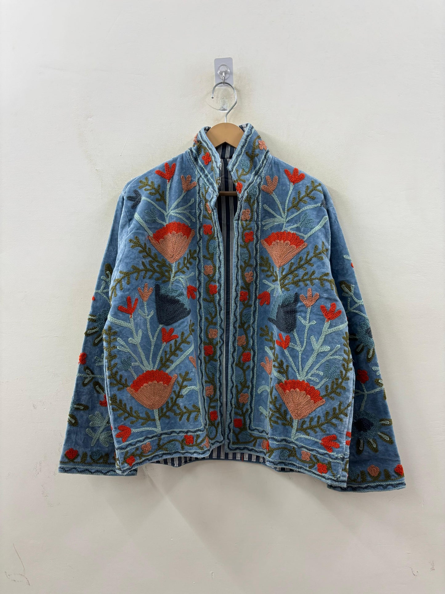 The Poppy Garden — Suzani Embroidered Velvet Jacket — Washed Slate Blue - Default Title - Zoshak Jacket