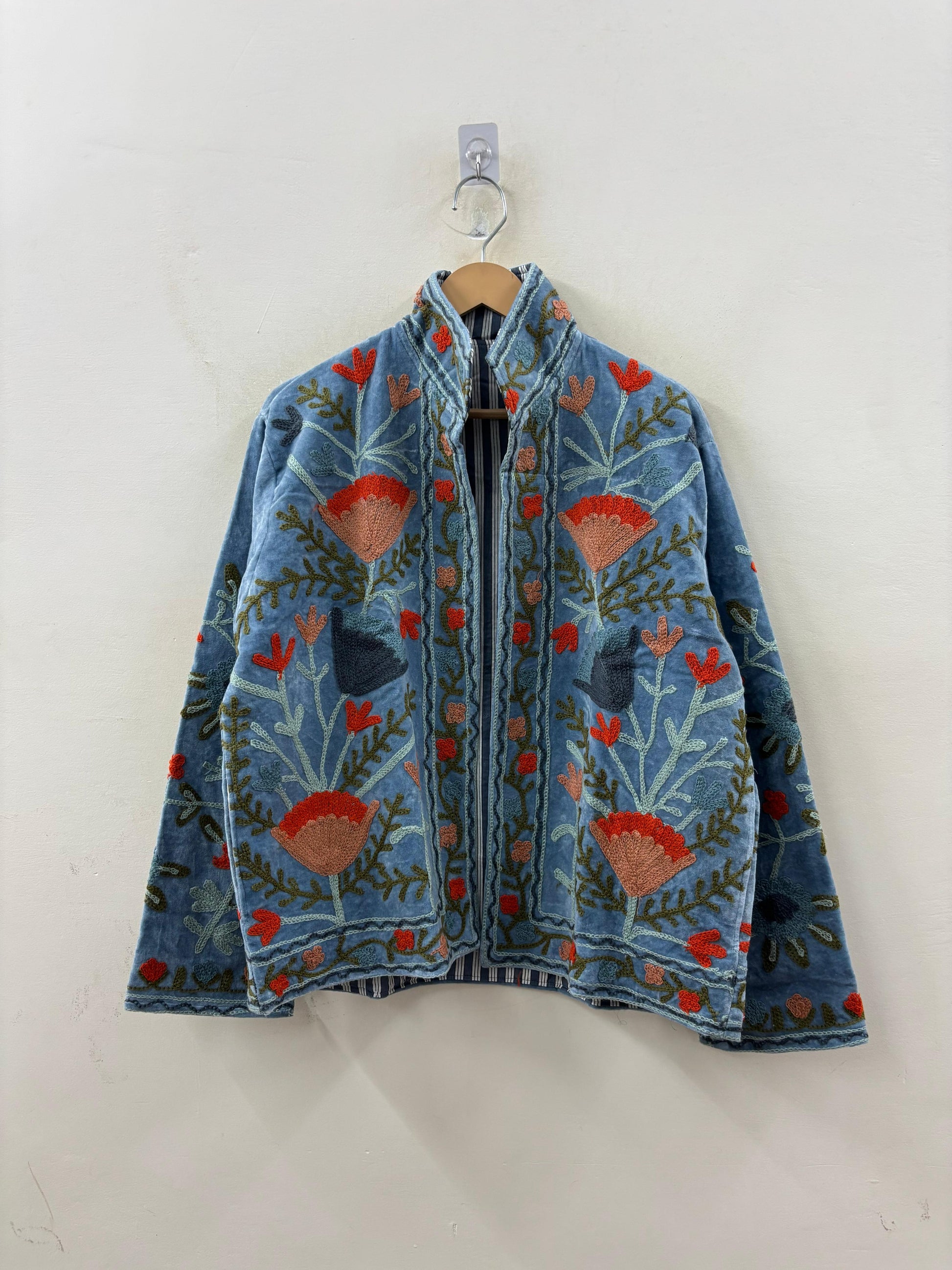 The Poppy Garden — Suzani Embroidered Velvet Jacket — Washed Slate Blue - Default Title - Zoshak Jacket
