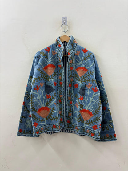 The Poppy Garden — Suzani Embroidered Velvet Jacket — Washed Slate Blue - Default Title - Zoshak Jacket