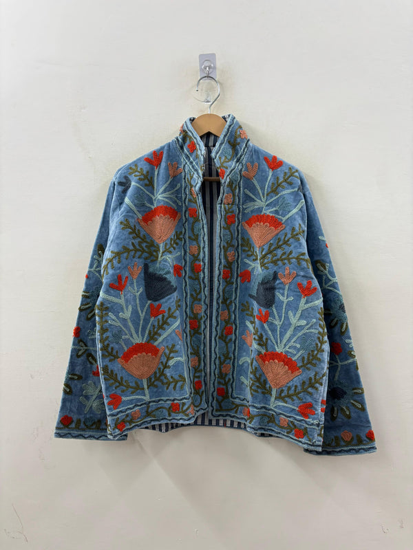 The Poppy Garden — Suzani Embroidered Velvet Jacket — Washed Slate Blue - Default Title - Zoshak Jacket