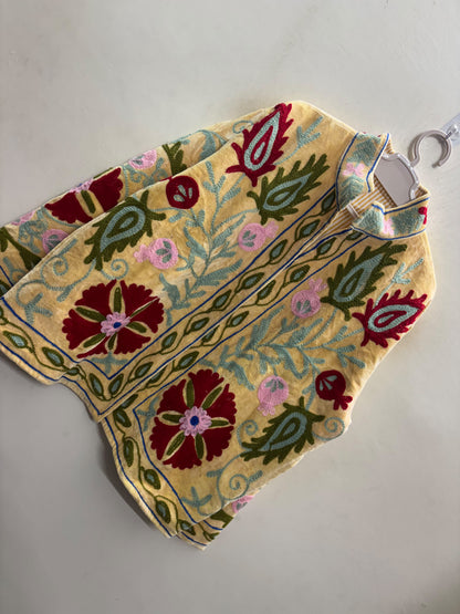 The Zard Bostan — Suzani Hand-Embroidered Velvet Jacket — Butter Yellow with Crimson Carnations & Sage Paisleys