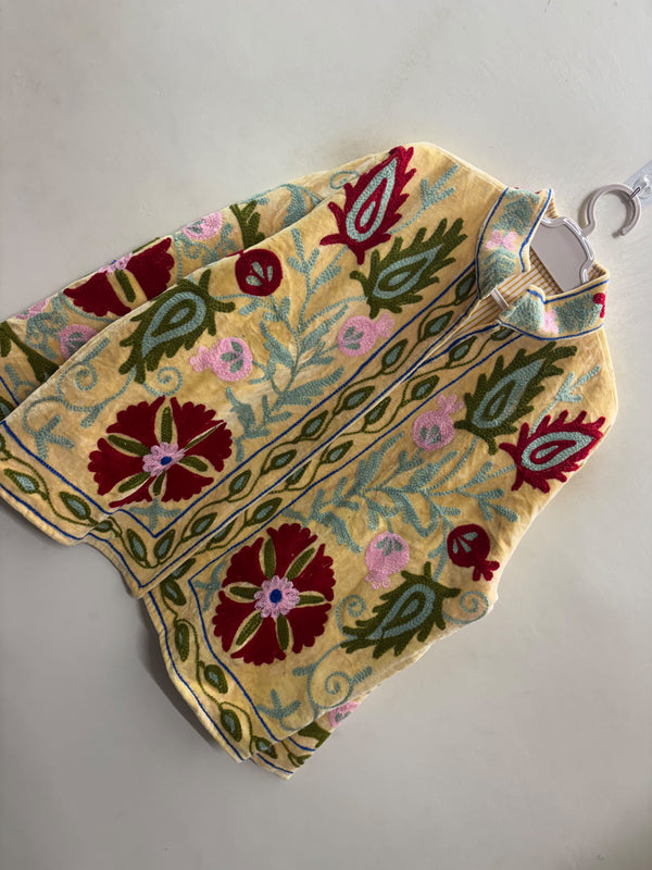 The Zard Bostan — Suzani Hand-Embroidered Velvet Jacket — Butter Yellow with Crimson Carnations & Sage Paisleys