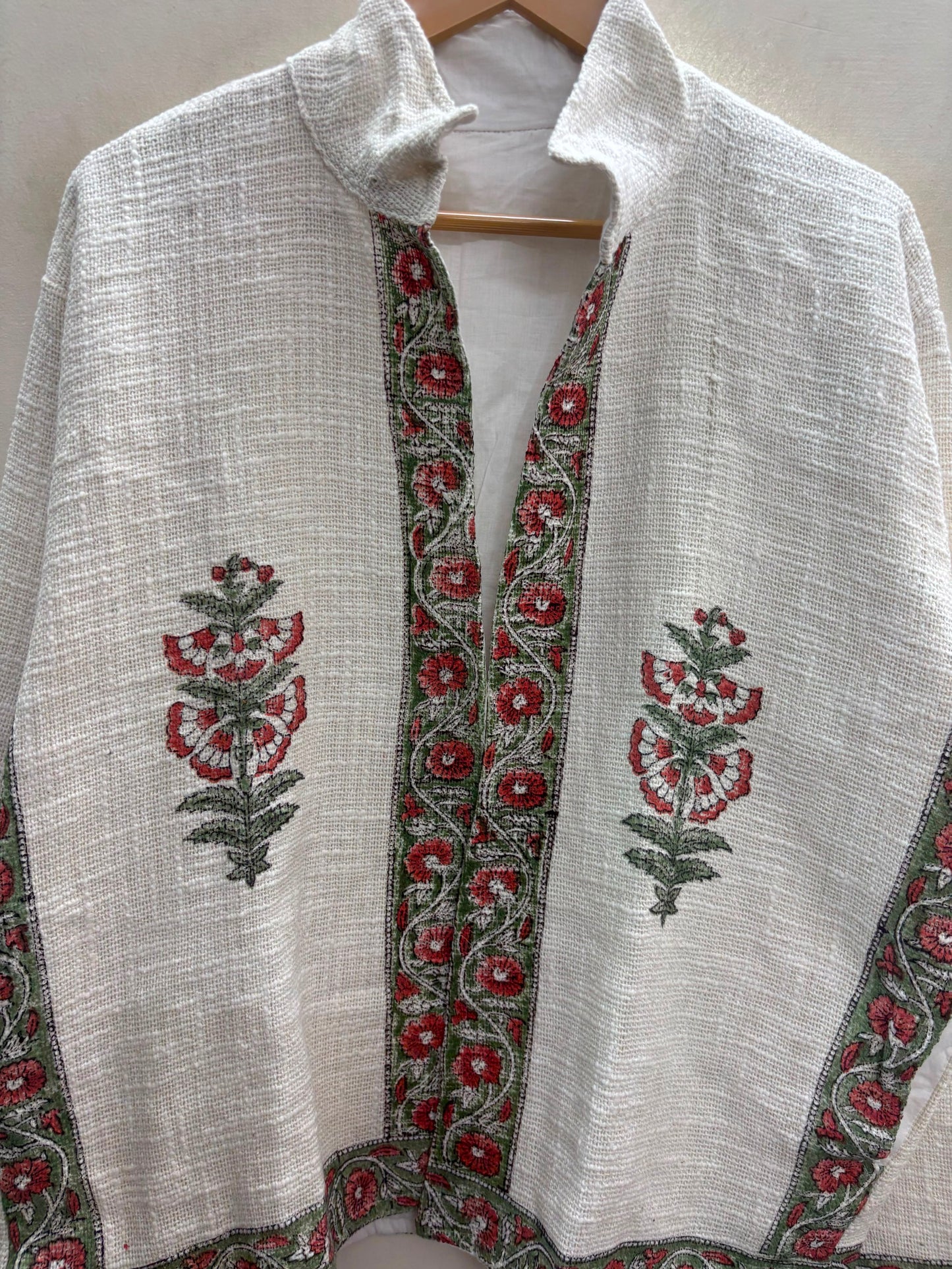The Bagh-e-Gulab — Hand-Embroidered Cotton Jacket — Ivory with Rust Red & Sage Floral Trims