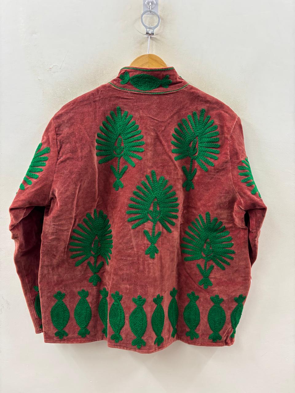 The Crimson Garden — Suzani Chain-Stitch Velvet Jacket — Madder Red & Forest Green