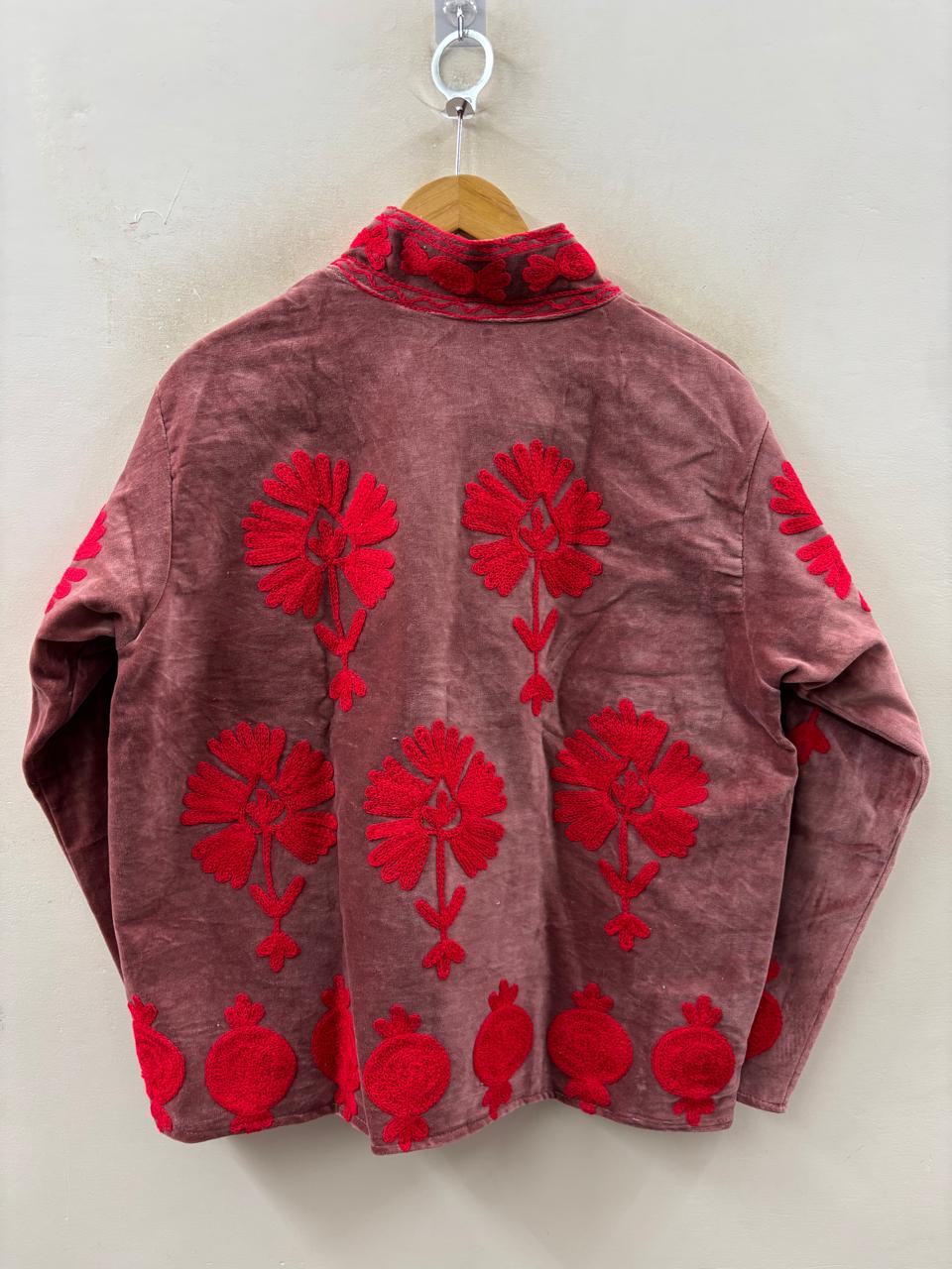The Gulbahar — Suzani Hand-Embroidered Velvet Jacket — Dusty Rose & Crimson
