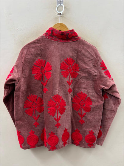 The Gulbahar — Suzani Hand-Embroidered Velvet Jacket — Dusty Rose & Crimson