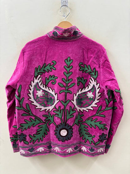 The Pomegranate Garden — Suzani Hand-Embroidered Velvet Jacket | Fuchsia Magenta