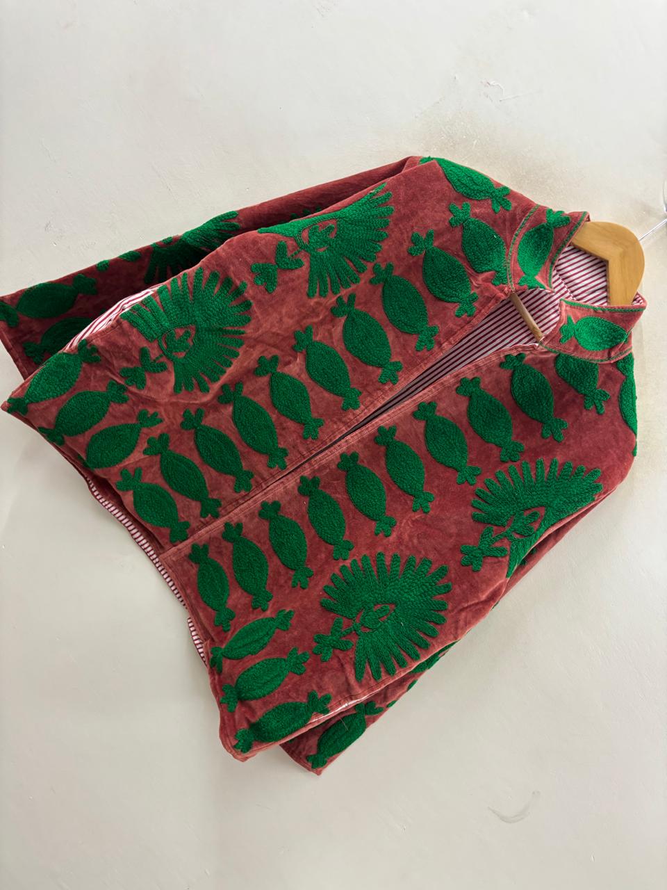 The Crimson Garden — Suzani Chain-Stitch Velvet Jacket — Madder Red & Forest Green