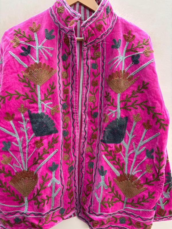 The Rani Bloom — Suzani Embroidered Velvet Jacket — Fuchsia Pink