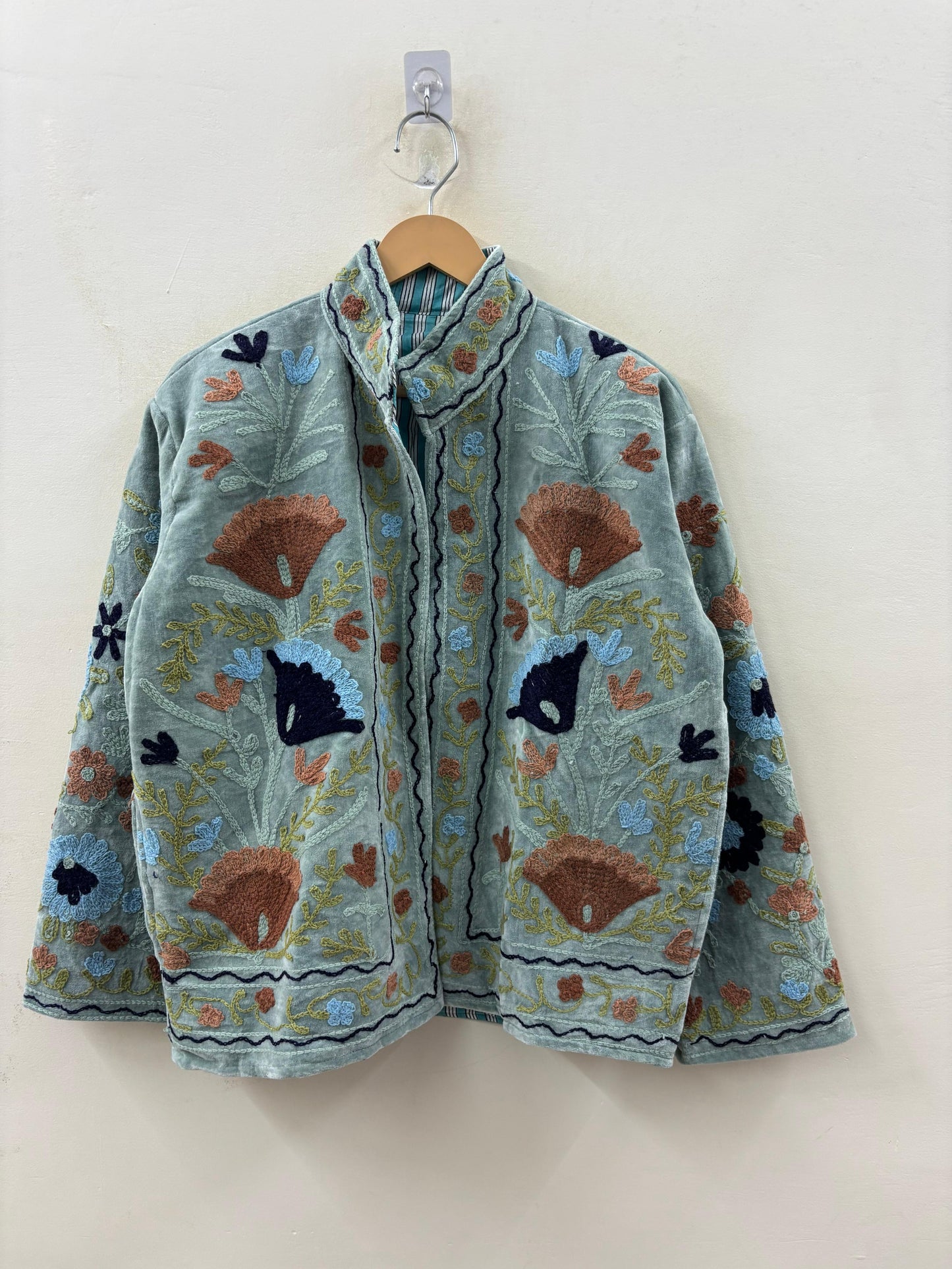The Gulbadan Celadon — Hand Suzani Embroidered Velvet Jacket — Sage-Celadon Base