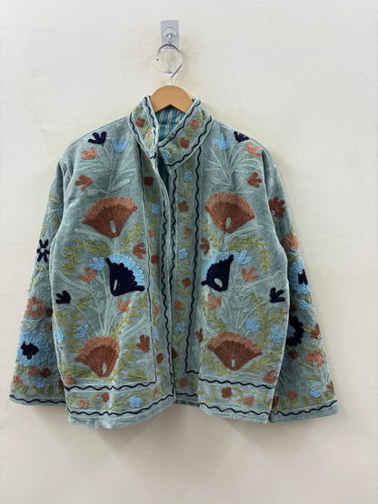 The Gulbadan Celadon — Hand Suzani Embroidered Velvet Jacket — Sage-Celadon Base