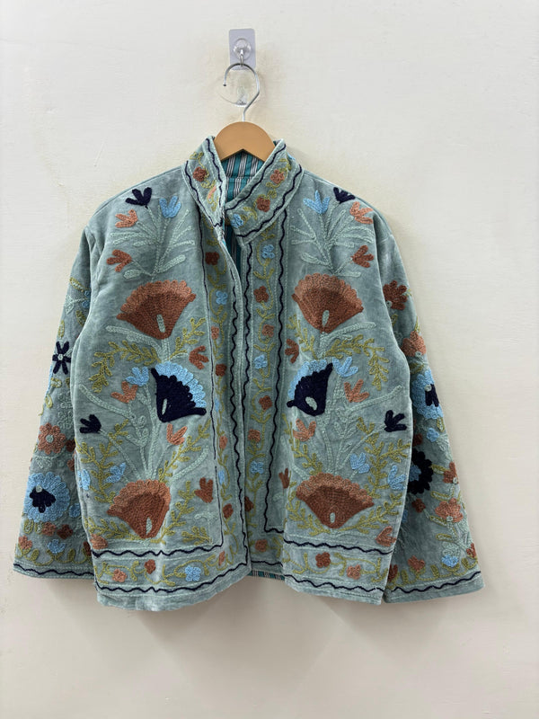 The Gulbadan Celadon — Hand Suzani Embroidered Velvet Jacket — Sage-Celadon Base