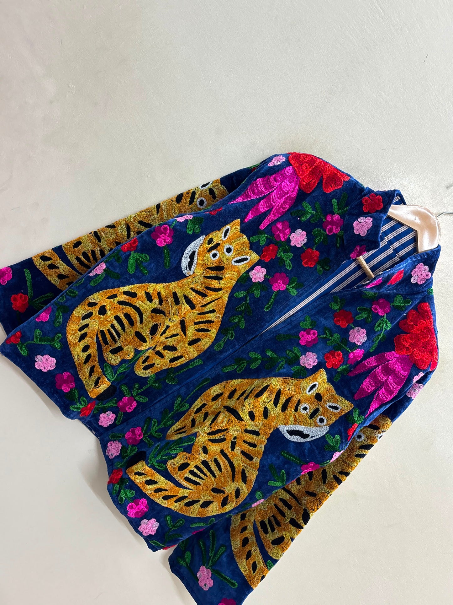 The Tiger's Garden — Suzani Embroidered Velvet Jacket — Indigo Blue with Marigold Tigers