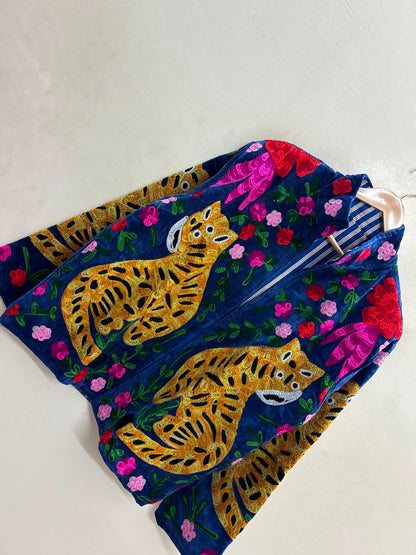 The Tiger's Garden — Suzani Embroidered Velvet Jacket — Indigo Blue with Marigold Tigers