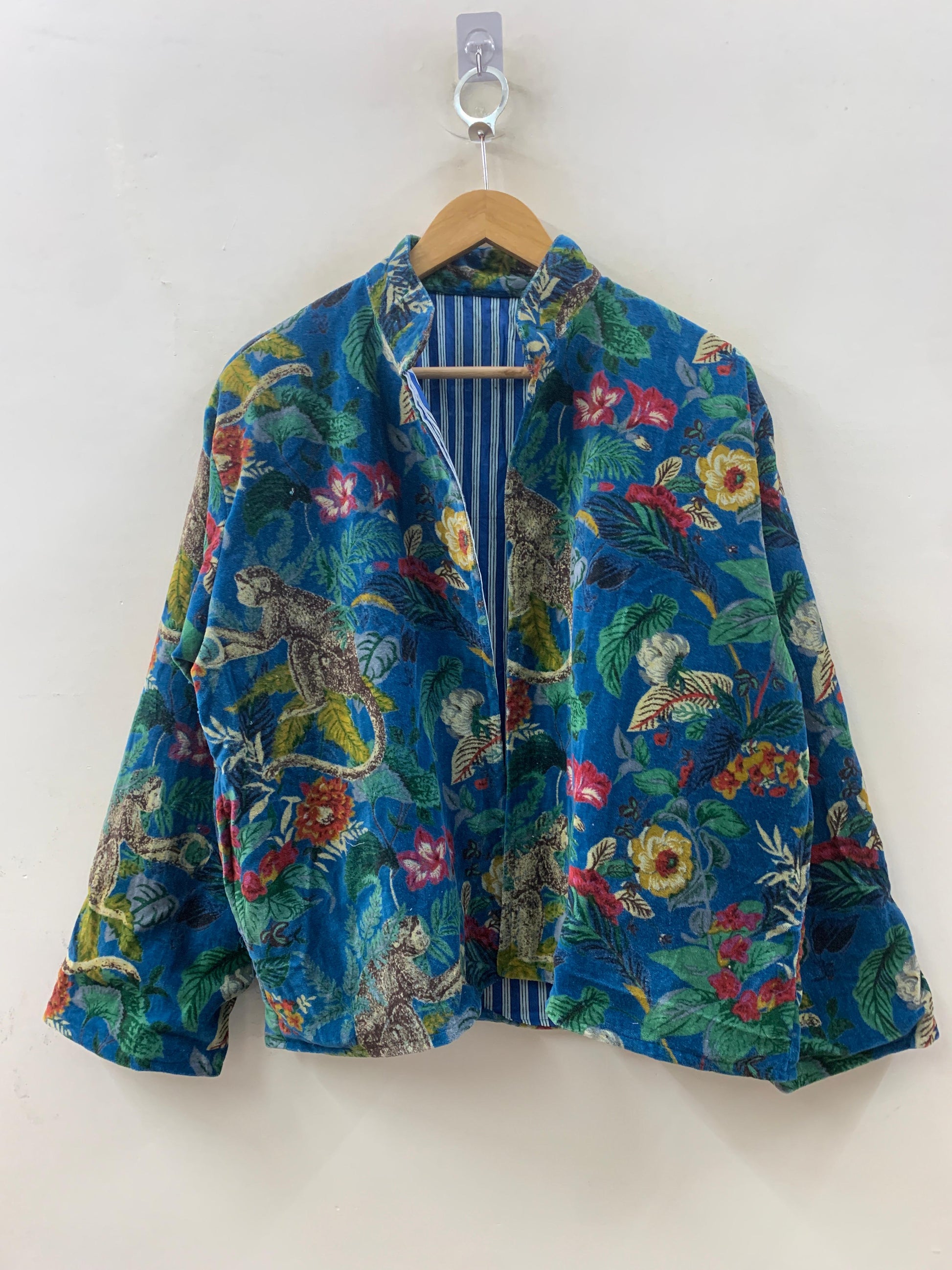 The Jungle Court — Velvet Printed Jacket — Cobalt Blue with Botanical & Monkey Motifs - Default Title - Zoshak Jacket