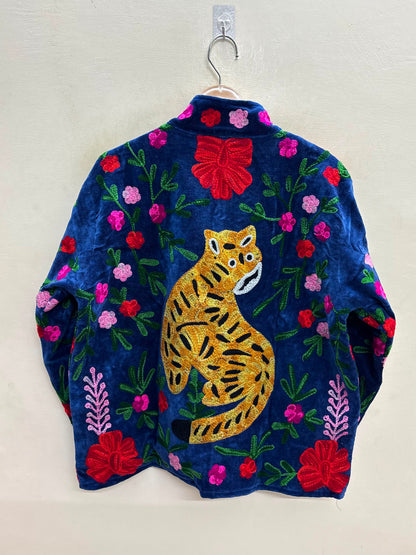 The Tiger's Garden — Suzani Embroidered Velvet Jacket — Indigo Blue with Marigold Tigers