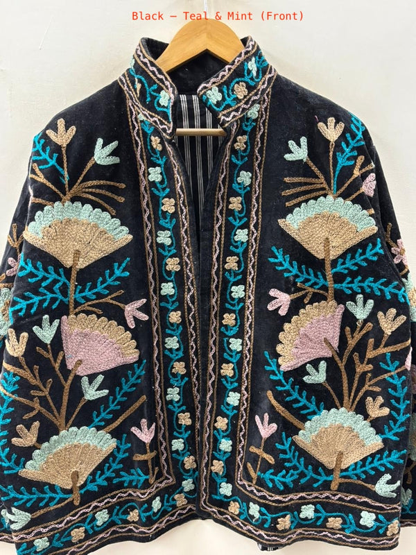 The Gulbadan Noir — Hand-Embroidered Suzani Velvet Jacket in Black - Black — Teal & Mint - Zoshak