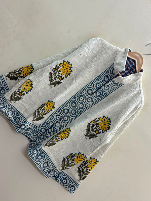 The Bagh Meadow — Hand Block-Printed Linen Jacket — Ivory with Indigo Lattice Border